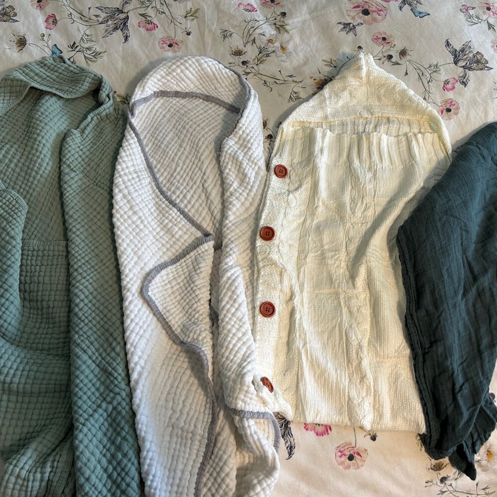 Baby Knit Wrap Sack, Swaddle and Muslin Blanket Set